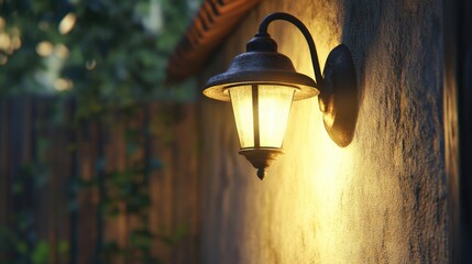 Elegant Wall Lantern Casting Warm Glow on Rustic Exterior in Garden Setting During Twilight Hours, Enhancing Cozy Atmosphere with Soft Illumination and Natural Surroundings