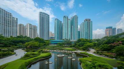 Fototapeta premium Urban park with modern skyscrapers in the background.