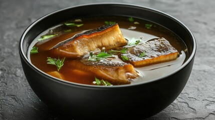 A bowl of steaming hot soup with chunks of fish and greens.