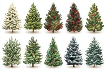 Collection of various artificial Christmas trees in different colors and styles displayed against a clean white background highlighting diversity in holiday decor