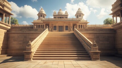 Obraz premium A grand staircase leads up to an ornate palace with multiple domes and balconies.