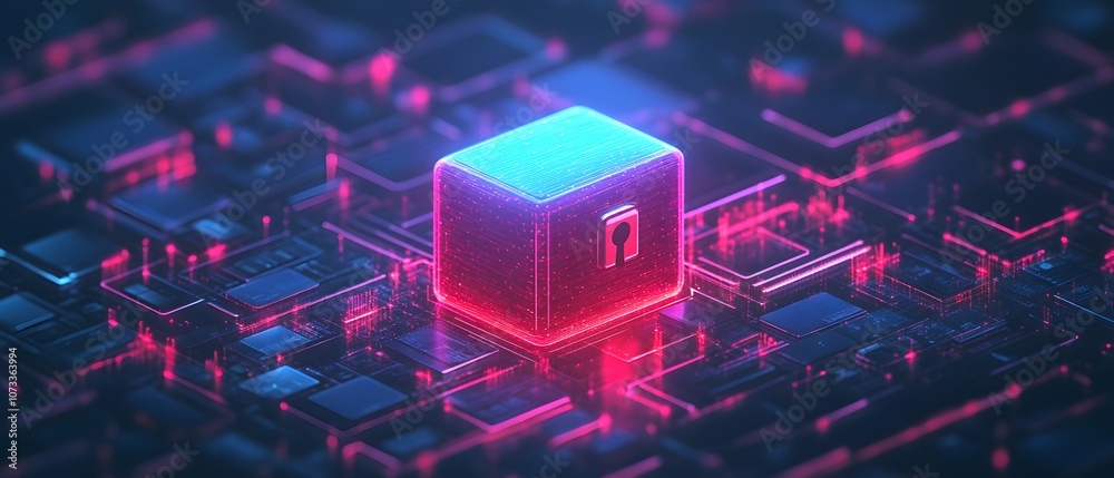 Poster Futuristic Digital Lock and Key Concept on a Neon Circuit Board Background Representing Cybersecurity, Data Protection, and Technology Innovations