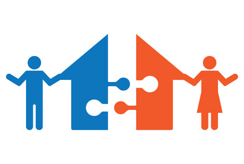 man and woman assemble puzzle house icon