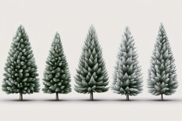Obraz premium Frosted miniature evergreen trees arranged on a clean white surface creating a tranquil minimalist winter display with a serene and festive ambiance