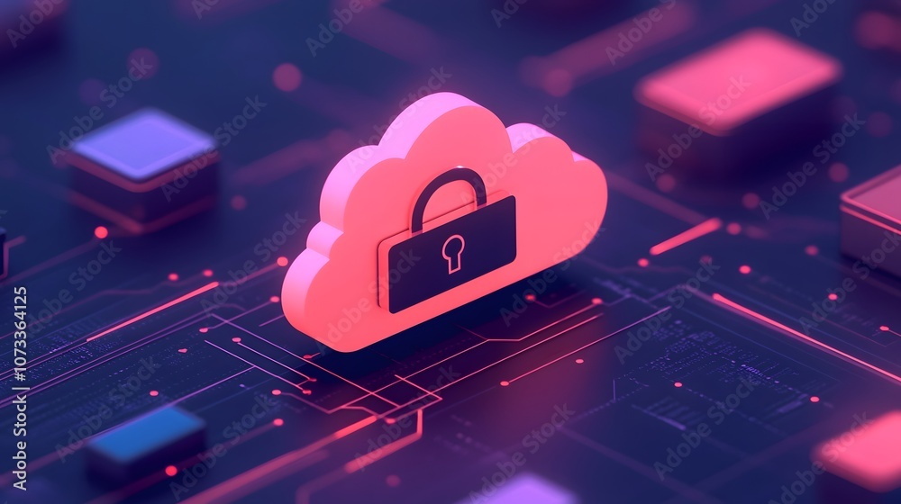 Fototapete Modern Cloud Storage Security Concept with Lock Icon Representing Data Protection in Digital Networking Environment and Colorful Circuit Background