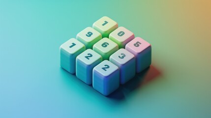 Nine pastel-colored cubes with numbers on their faces, arranged in a 3x3 grid.