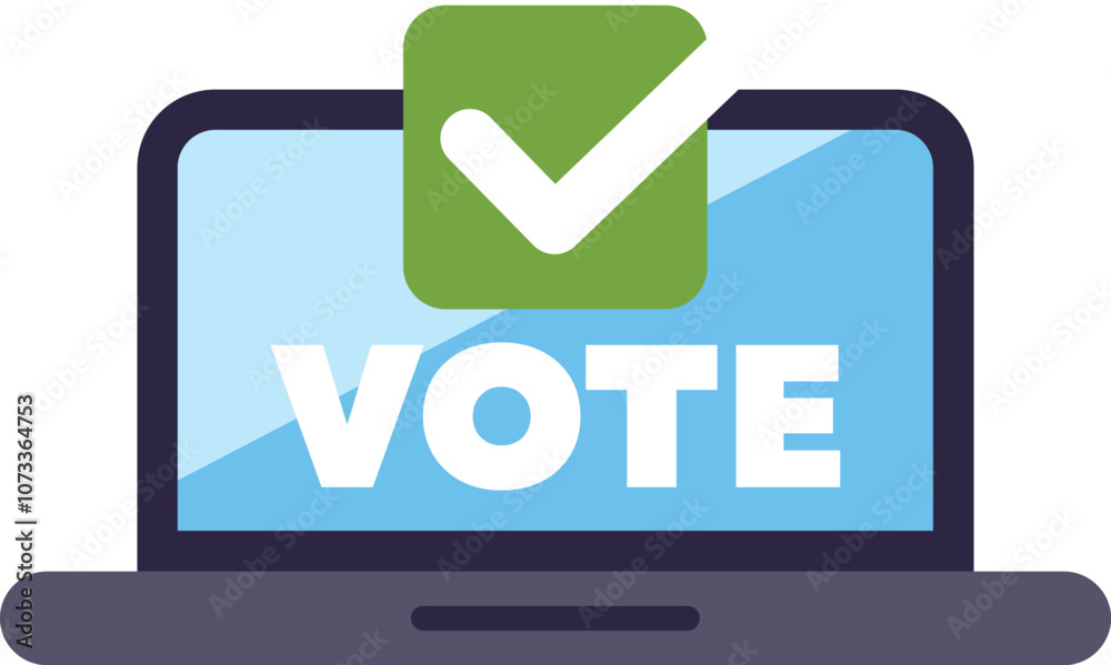 Poster online voting concept with a laptop displaying a vote button and a check mark, symbolizing a success