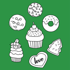 Christmas Food Snack Dessert Cake Cupcake Candy Gingerbread Cookies Cartoon Digital Stamp Outline