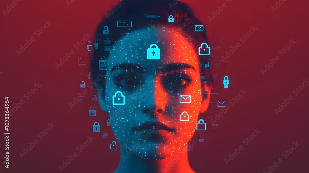 Poster digital security concept: woman's face surrounded by icons representing cybersecurity, email communi