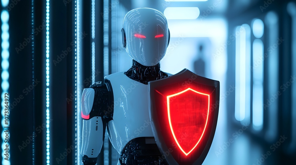 Leinwandbilder futuristic robot with shield standing guard in high-tech data center, representing security, protect
