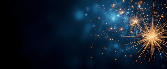 Fototapeta premium Blue and gold abstract background and fireworks splashes on New Year's Eve