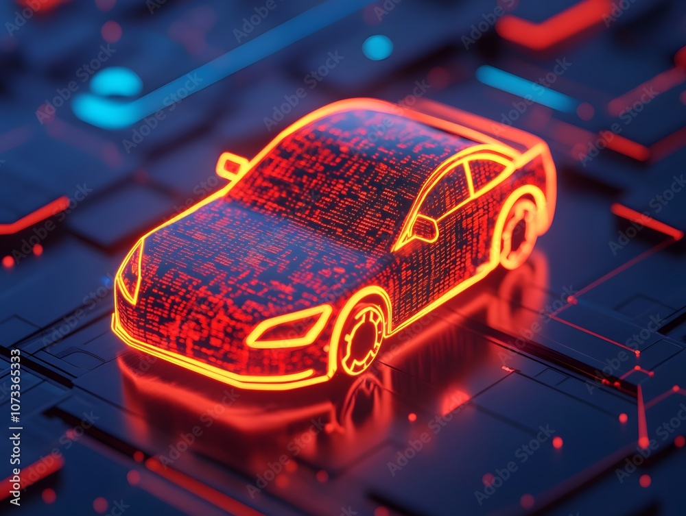 Aufkleber Futuristic Neon Car Render Representing Advanced Automotive Technology on a Digital Circuit Board Background with Bright Colorful Lights and Patterns