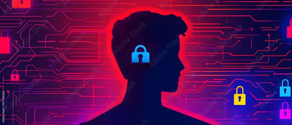 Poster Abstract Digital Concept of Cybersecurity With Silhouette, Lock Symbols and Circuit Patterns Representing Data Protection and Privacy in the Online World