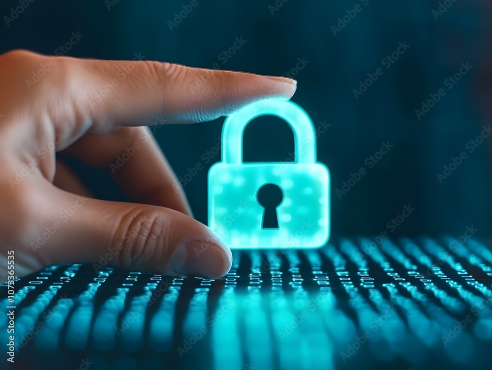 Poster Digital Security Concept with a Hand Holding a Glowing Lock Symbol Above a Matrix of Binary Code, Representing Cyber Protection and Data Security Measures