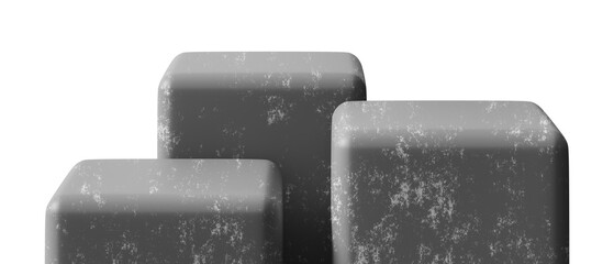 Group of three concrete podiums on transparent background. Front view. Mock up for product display. Cut out pedestal or platform. Empty scene. Stage, showcase for advertising, merchandise. 3D.