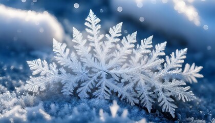 Large snowflake crystal growing on snowy surface with blue background