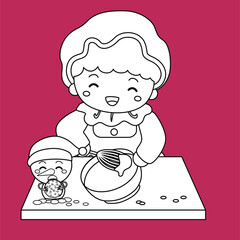 Cute Mother Woman Baking Christmas Cake Cartoon Digital Stamp Outline