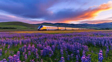 Obraz premium High-speed train glides through vibrant lupine fields at sunset, AI