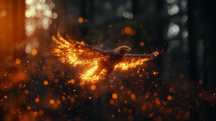 an eagle flies with fiery wings