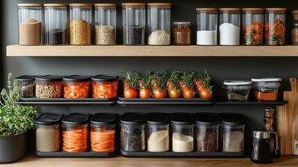 Obraz premium Modern Kitchen Pantry Organization with Clear Storage Containers, Fresh Produce, and Neatly Arranged Ingredients for Optimal Efficiency and Aesthetic Appeal