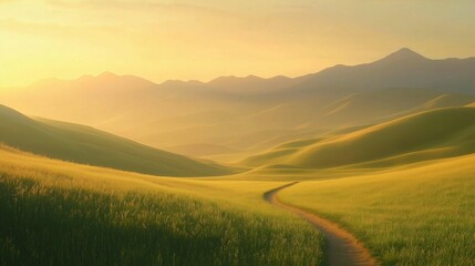 Naklejka premium Soft focus mountain dirt road in foggy frosty dawn with warm colors and visible sunshine Morning dirt road through mountain plateau 