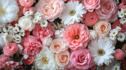 Fototapeta premium Realistic photo of blossom flowers blooming floral festive bouquet wall fashion pink cream white background. 3D fashion pastel beautiful card wallpaper