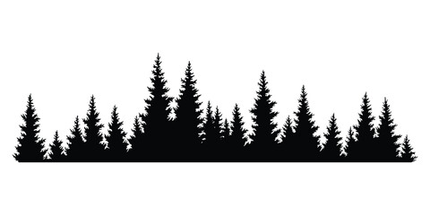 Fir trees silhouette. Coniferous spruce horizontal background pattern, black evergreen woods vector illustration. Beautiful hand drawn panorama of coniferous forest © designer_things