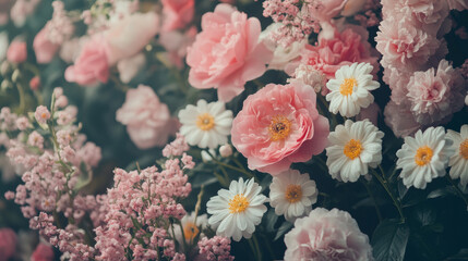 Realistic photo of blossom flowers blooming floral festive bouquet wall fashion pink cream white background. 3D fashion pastel beautiful card wallpaper