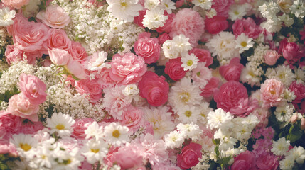 Realistic photo of blossom flowers blooming floral festive bouquet wall fashion pink cream white background. 3D fashion pastel beautiful card wallpaper