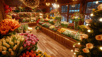 vibrant flower shop filled with colorful tulips and various blooms, creating cheerful and inviting atmosphere. warm lighting enhances beauty of flowers, making it perfect spot for floral enthusiasts