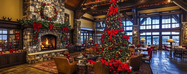 Fototapeta premium A cozy, festive lodge decorated for Christmas with a large tree and a warm fireplace.