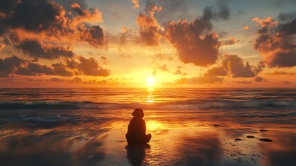 Fototapeta premium A Silhouette of a Dog Sitting Calmly on the Beach at Sunset