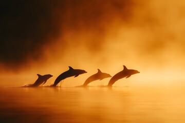 Orca family jumping out of the water on the coast during sunrise – Capturing the beauty of marine life, family bonds, and a vibrant coastal scene