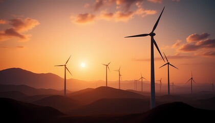 Obraz premium Modern wind turbines and solar panels in sunset light