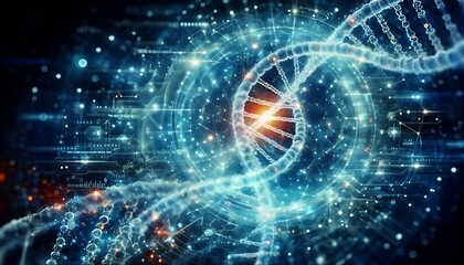 Obraz premium Shiny dna double helix molecule on artistic blue coloured cyberspace
