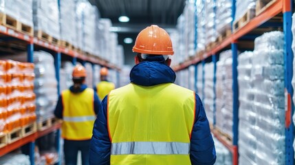 Warehouse Worker in Safety Gear Navigating Aisles of Stocked Shelves with Boxes and Pallets, Focus on Safety and Efficiency in an Industrial Environment