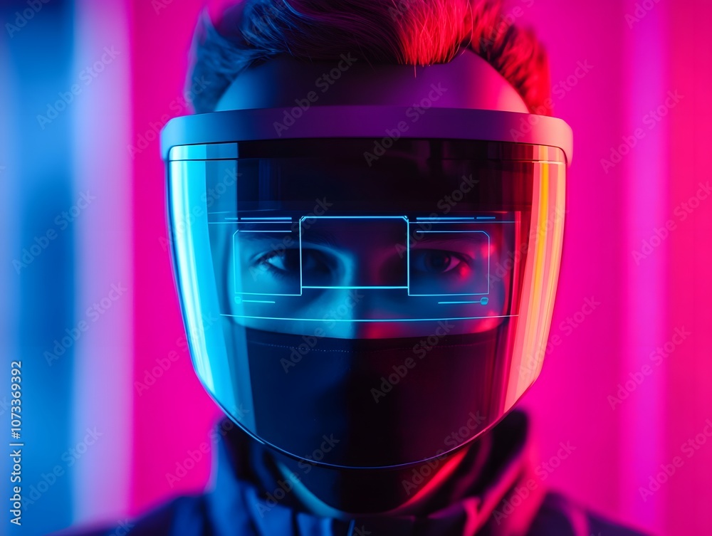 Poster futuristic portrait of a person wearing a high-tech visor in neon lighting, capturing the essence of