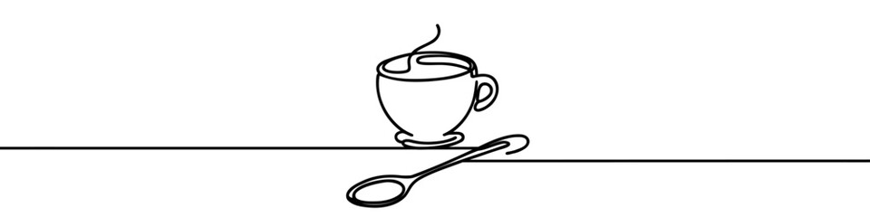 Minimalist continuous line drawing representing a cup of coffee on a saucer. Vector illustration.
