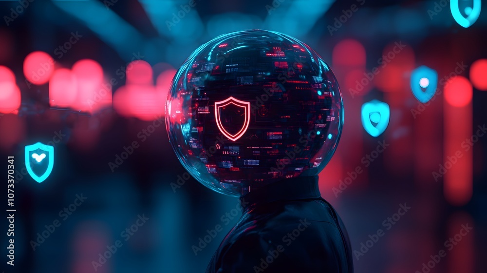 Poster Futuristic Security Concept with Neon Colors Showing a Figure in a Digital Sphere with Shield Icon Representing Data Protection and Cybersecurity Themes