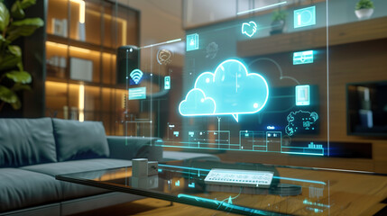 Augmented reality interface highlighting a cloud management system, with firewalls, user access logs, and password protection layers visualized in 3D.