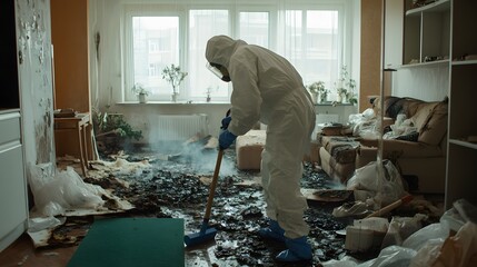 Living room in an apartment that has been burned, with a man wearing a PPE kit cleaning – Depicting fire damage recovery, safety protocols, and restoration efforts