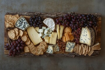 Fototapeta premium Classic Cheese Board: An overhead view of a wooden cheese board