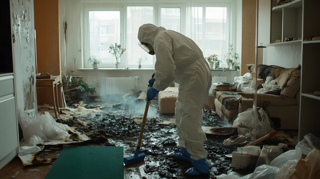 Living room in an apartment that has been burned, with a man wearing a PPE kit cleaning – Depicting fire damage recovery, safety protocols, and restoration efforts