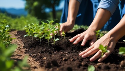 Young seedlings planted by volunteers, green hills, clear blue sky, hope for future generations