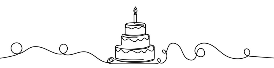 Minimalist illustration representing a cake with candle and festive decorations made with one continuous line