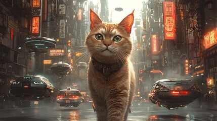 A ginger cat walks down a futuristic city street with flying cars in the background.