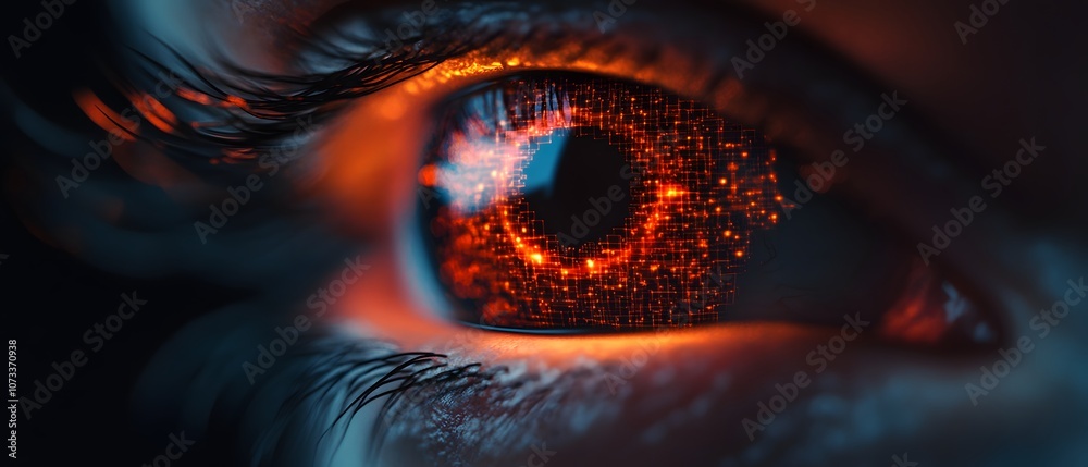 Poster Close-Up of an Eye with a Pixelated Orange Digital Effect Reflecting Data and Technology Concepts in a Dark Background