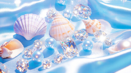 Fototapeta premium 3D pearls seashells conches and diamonds scatter on beach babyblue silk fabric glossy shiny background with copy space. fashion romantic jewellery holographic elegant luxury wallpaper