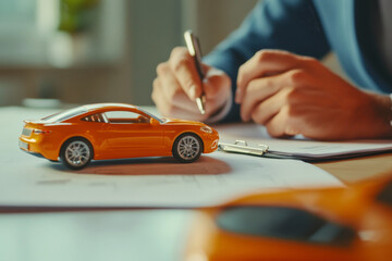 Toy car placed on insurance documents in car dealership office. Auto insurance or financing options concept