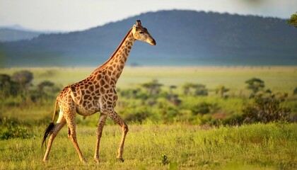 Fototapeta premium Giraffe . South African giraffe or Cape giraffe (Giraffa giraffa or camelopardalis giraffa) hanging around savannah 